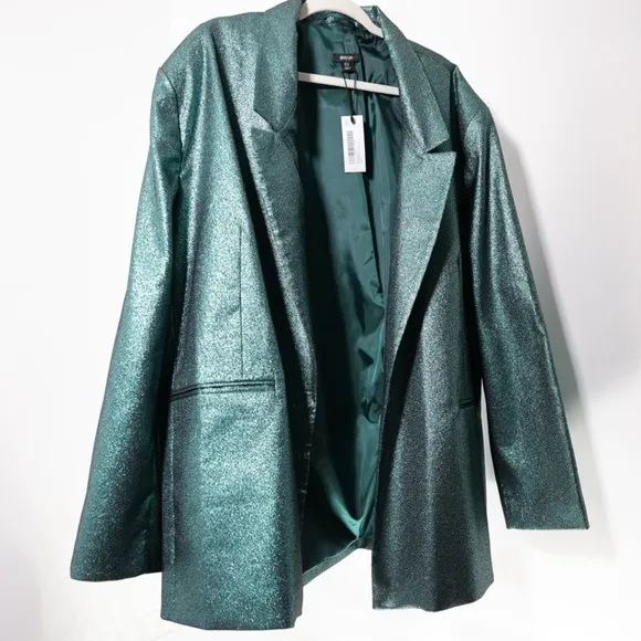 🅽🅴🆆 HTF Nasty Gal Plus Size Metallic Glitter Tailored Blazer, teal, 24