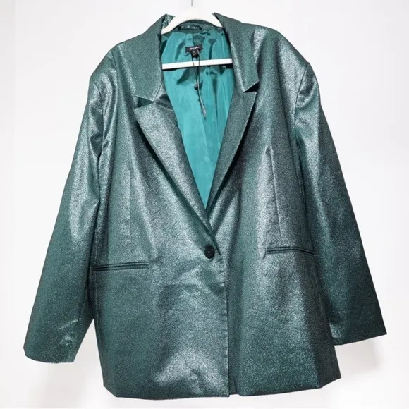 🅽🅴🆆 HTF Nasty Gal Plus Size Metallic Glitter Tailored Blazer, teal, 24