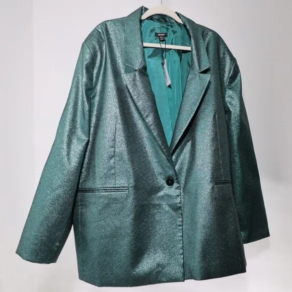 🅽🅴🆆 HTF Nasty Gal Plus Size Metallic Glitter Tailored Blazer, teal, 24