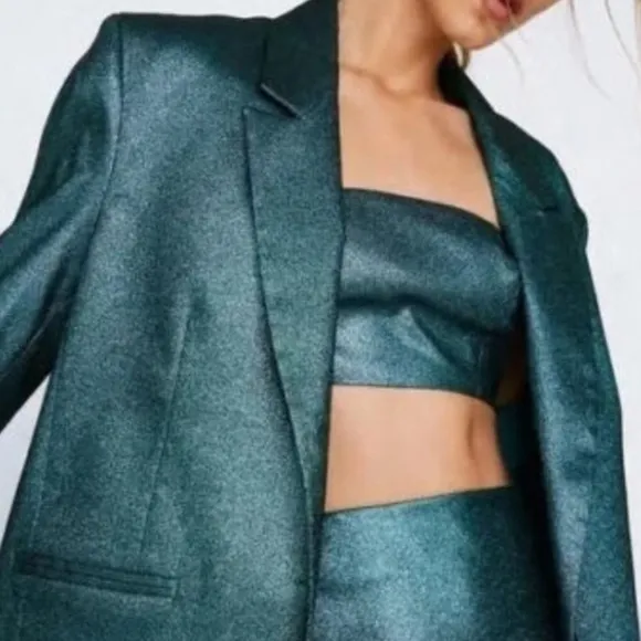 🅽🅴🆆 HTF Nasty Gal Plus Size Metallic Glitter Tailored Blazer, teal, 24