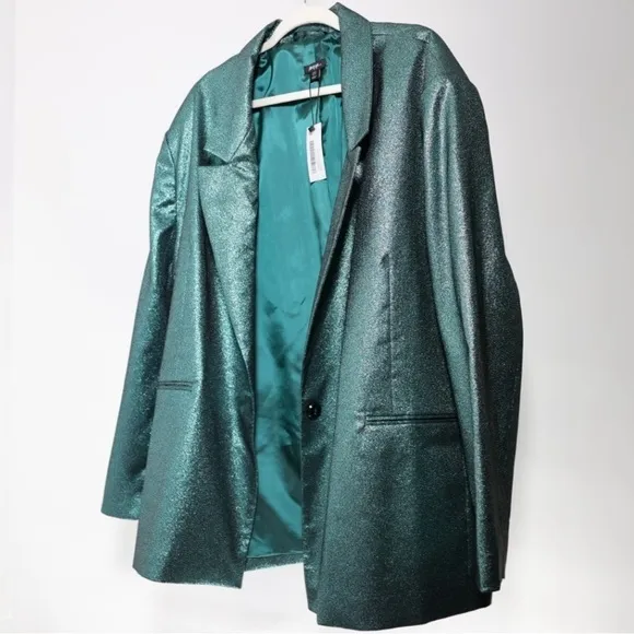 🅽🅴🆆 HTF Nasty Gal Plus Size Metallic Glitter Tailored Blazer, teal, 24