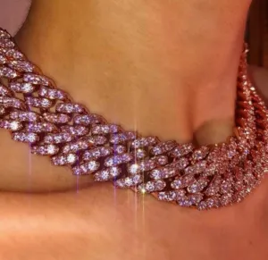 12mm pink  cuban Choker Necklace ,gold /rose Gold Cuban Link With gold &Pink Cubic Zirconia Chain Jewelry ,