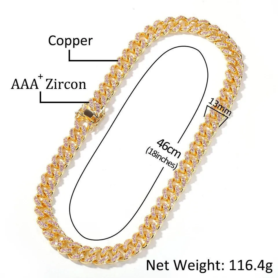 12mm pink  cuban Choker Necklace ,gold /rose Gold Cuban Link With gold &Pink Cubic Zirconia Chain Jewelry ,