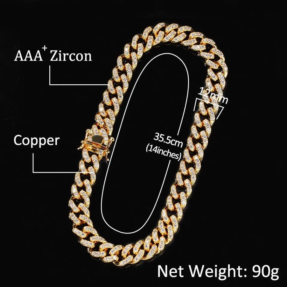 12mm pink  cuban Choker Necklace ,gold /rose Gold Cuban Link With gold &Pink Cubic Zirconia Chain Jewelry ,