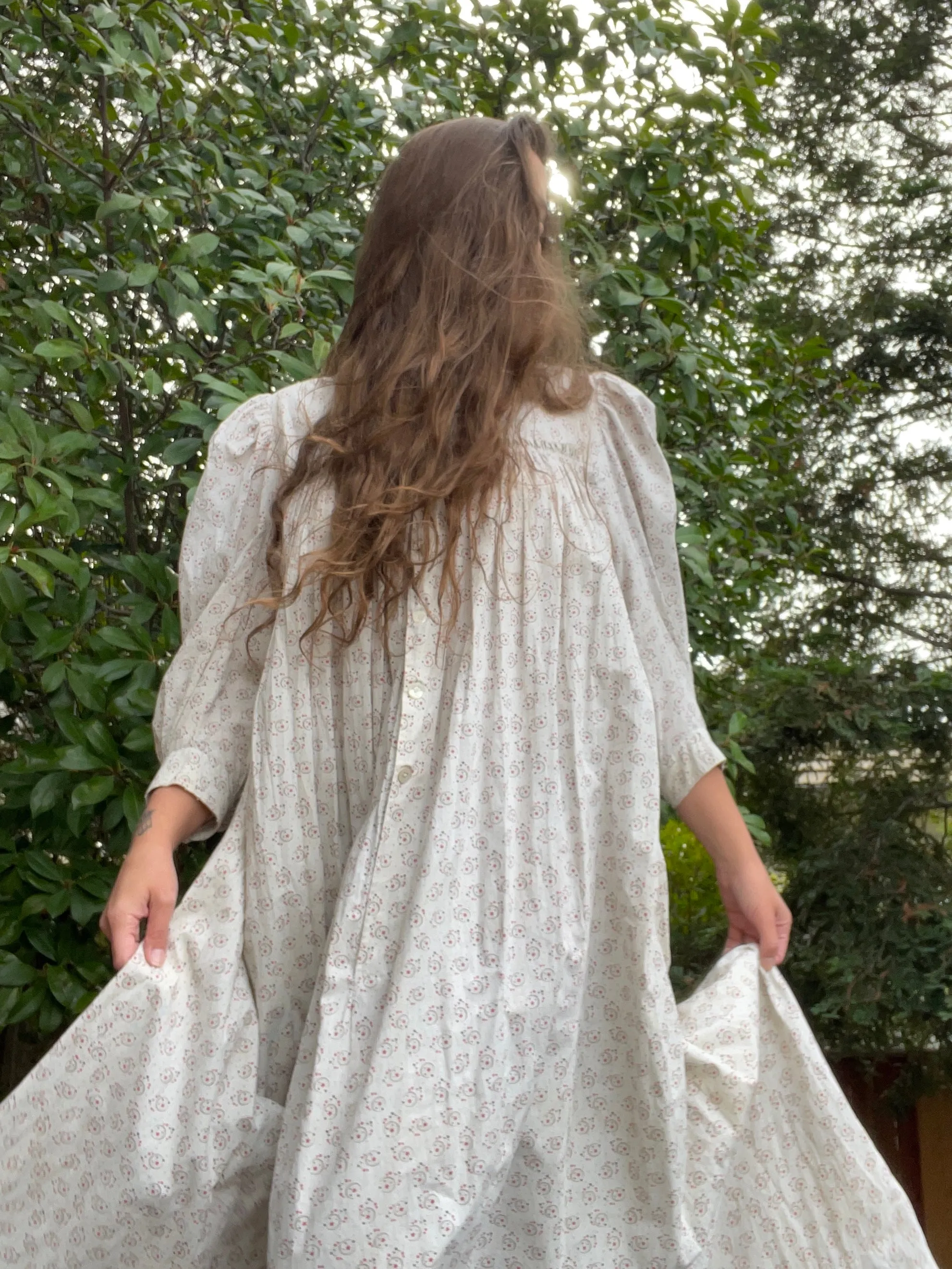 1890s Celestial Printed Calico Mutton Sleeve Wrapper Dress