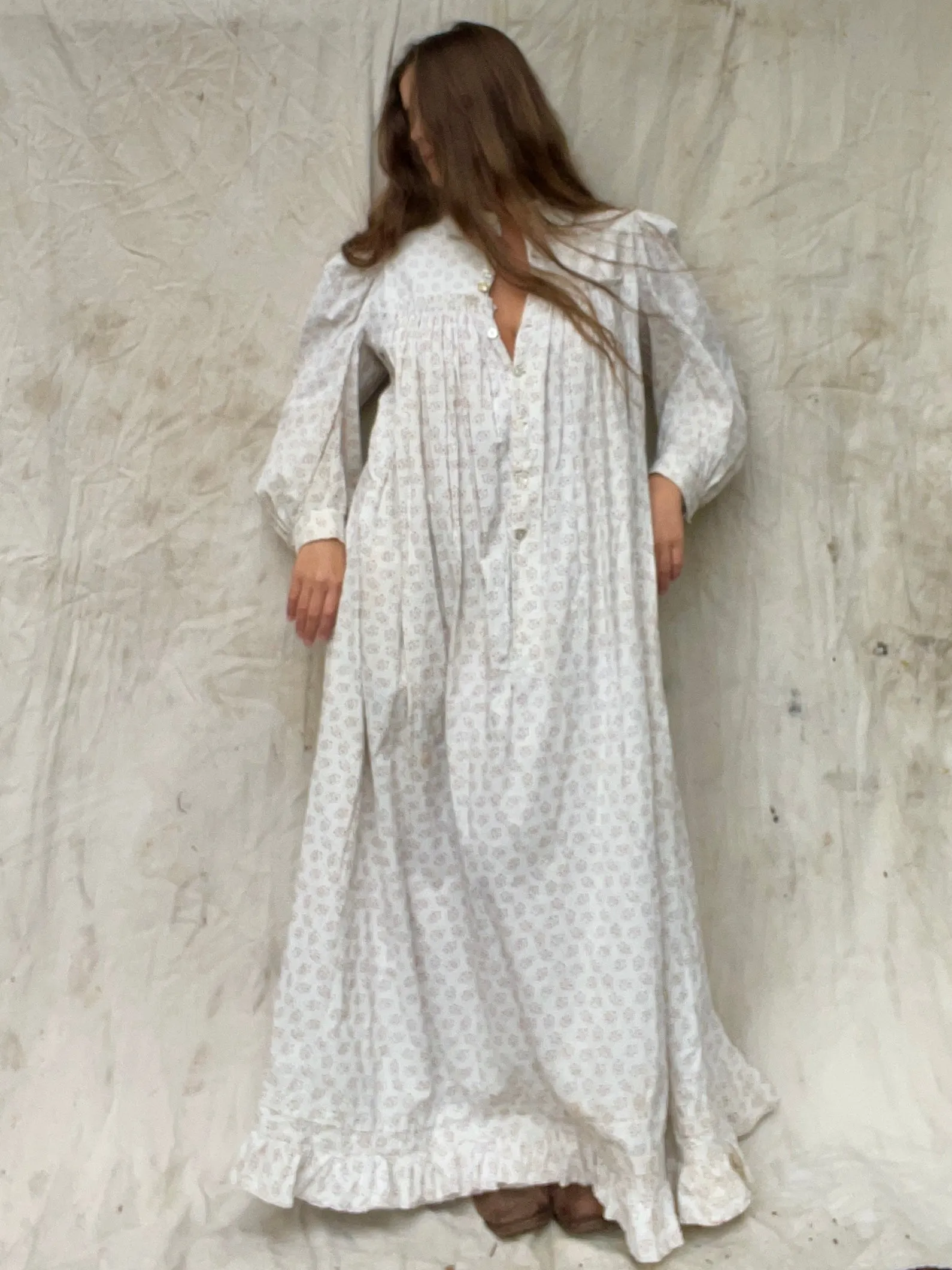 1890s Celestial Printed Calico Mutton Sleeve Wrapper Dress