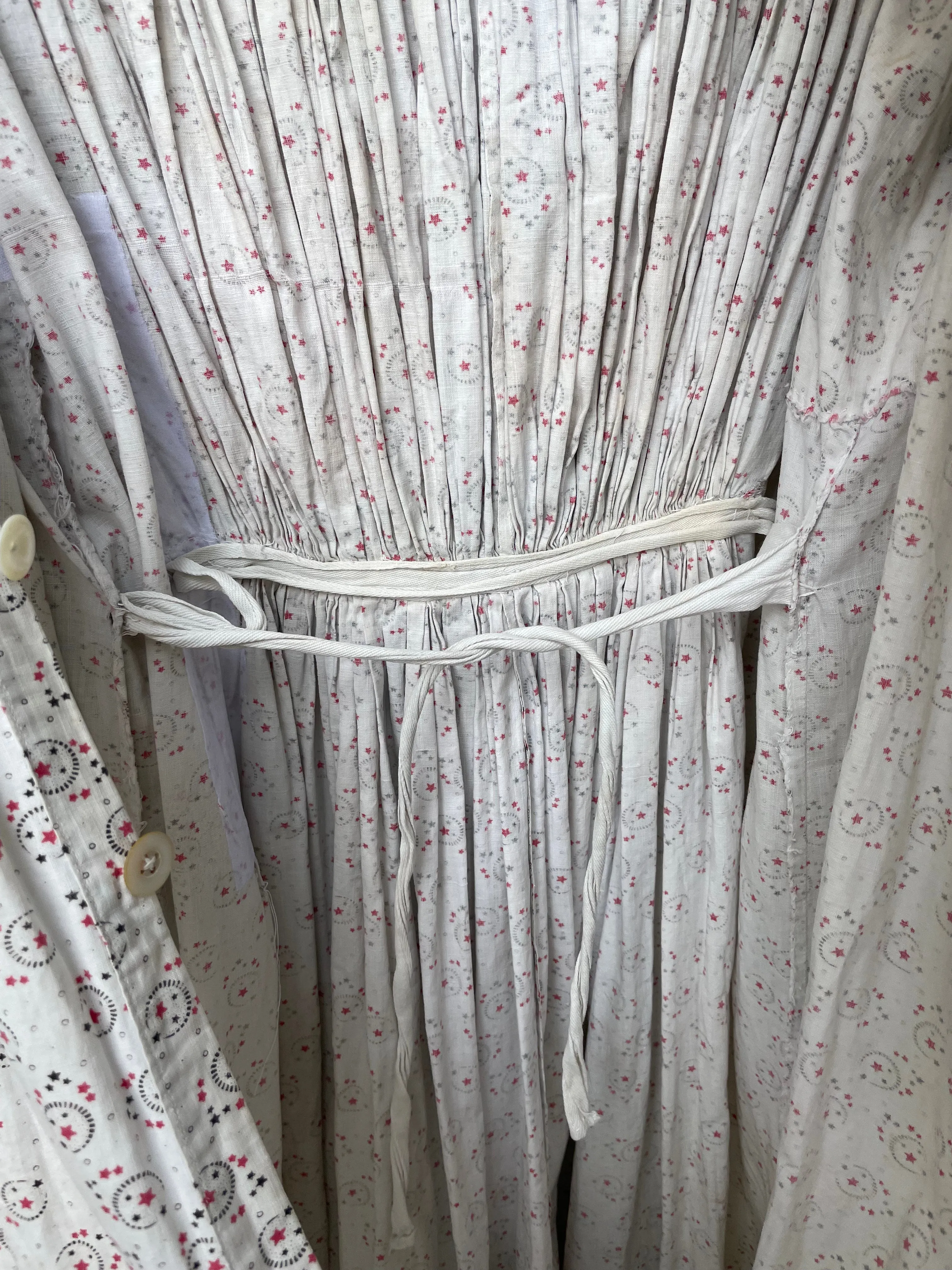 1890s Celestial Printed Calico Mutton Sleeve Wrapper Dress