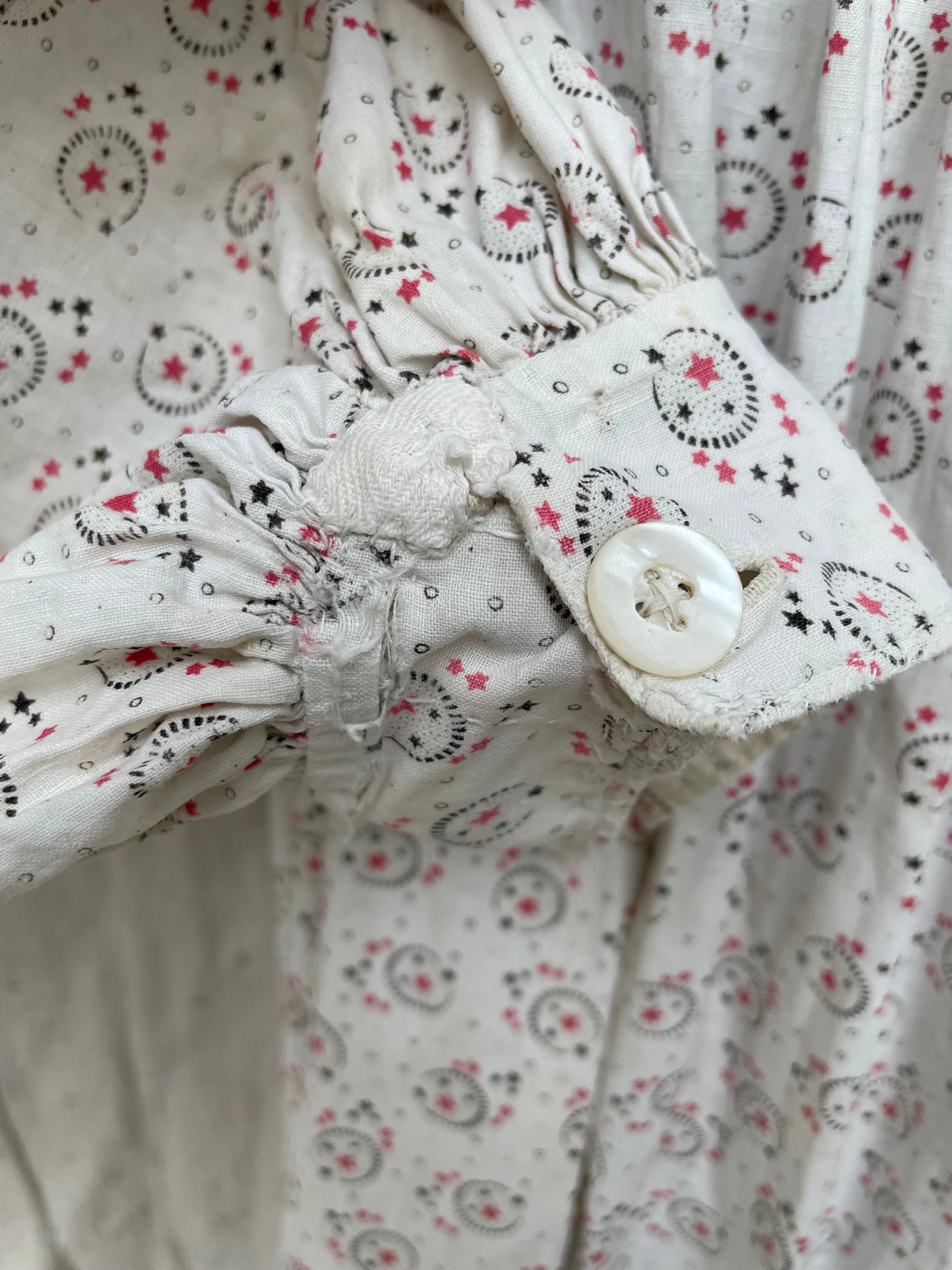 1890s Celestial Printed Calico Mutton Sleeve Wrapper Dress