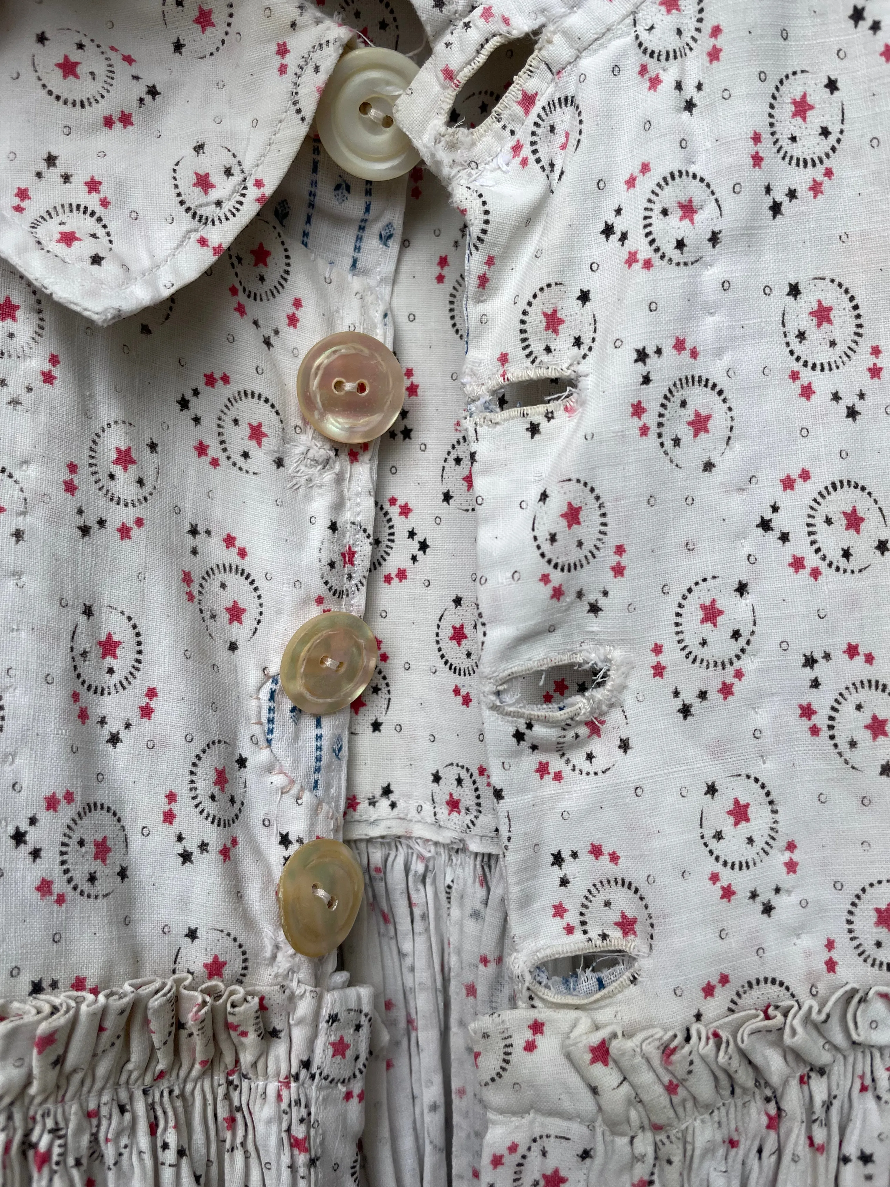 1890s Celestial Printed Calico Mutton Sleeve Wrapper Dress