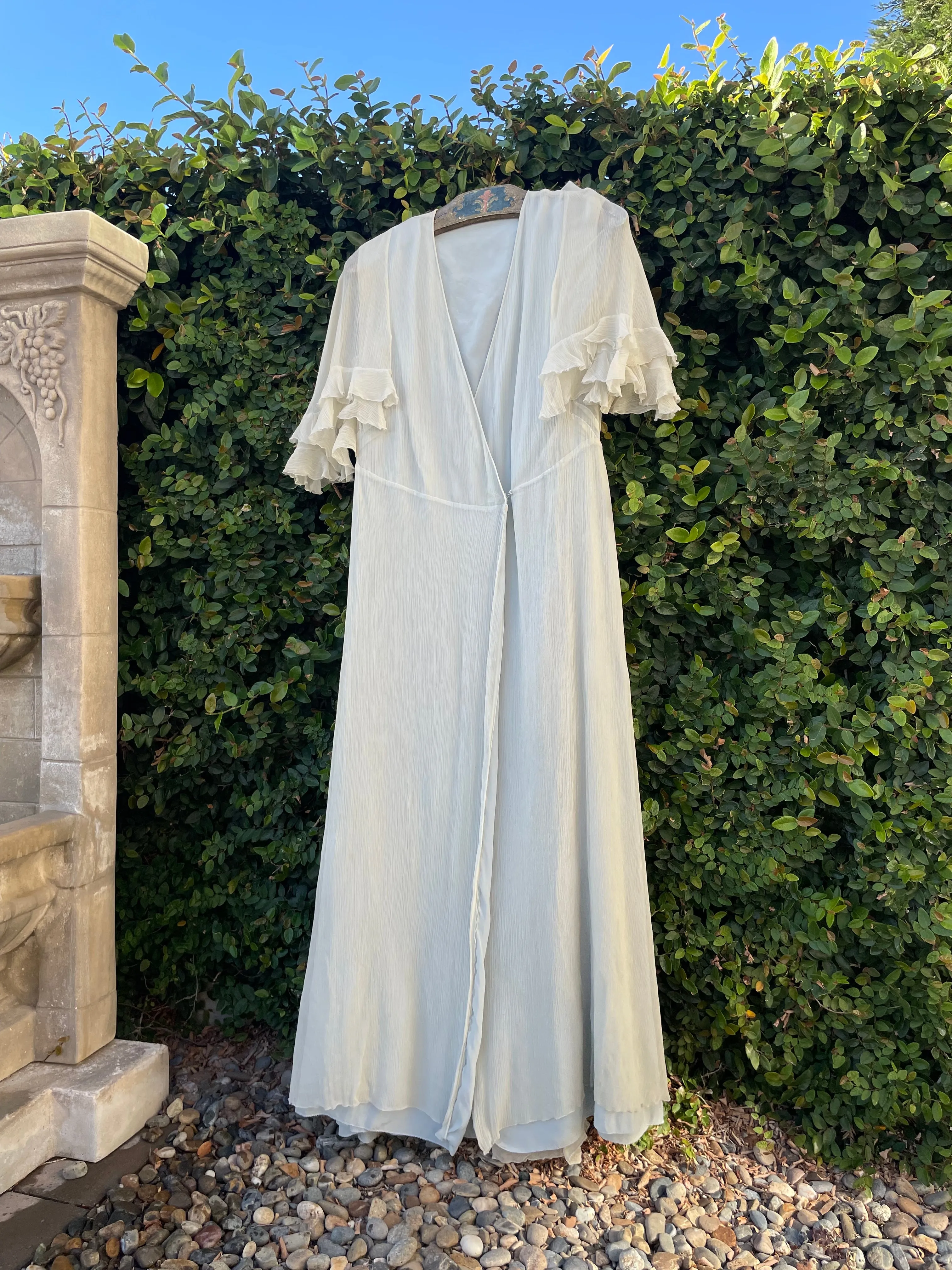1930s 'Bonwit Teller' Seafoam Crepe Chiffon Capelet Ruffled Peignoir