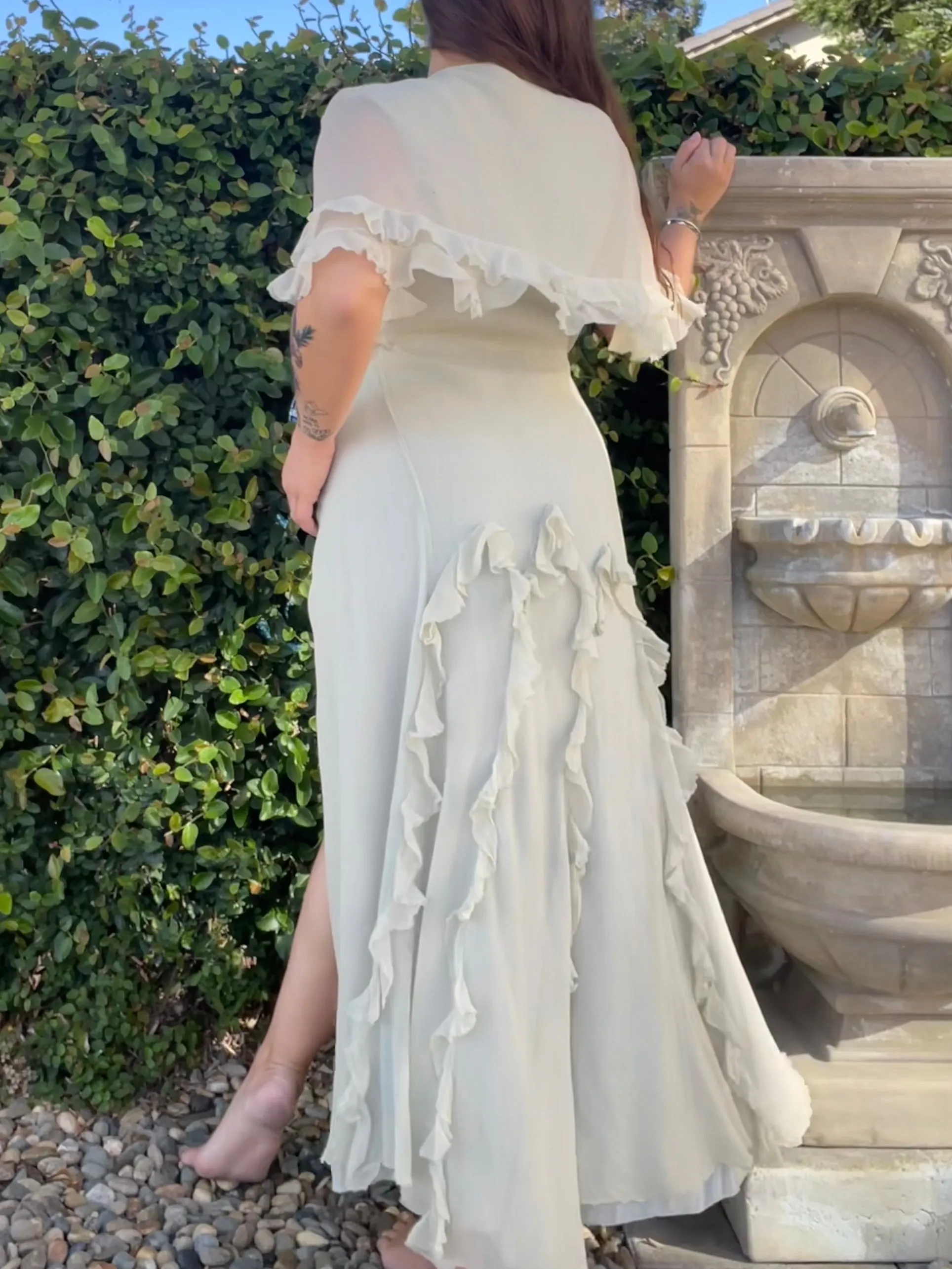 1930s 'Bonwit Teller' Seafoam Crepe Chiffon Capelet Ruffled Peignoir