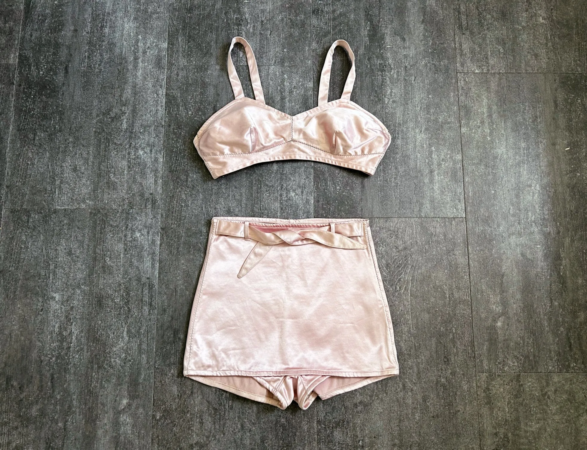 1940s pink satin swimsuit . vintage bikini . size xs to small