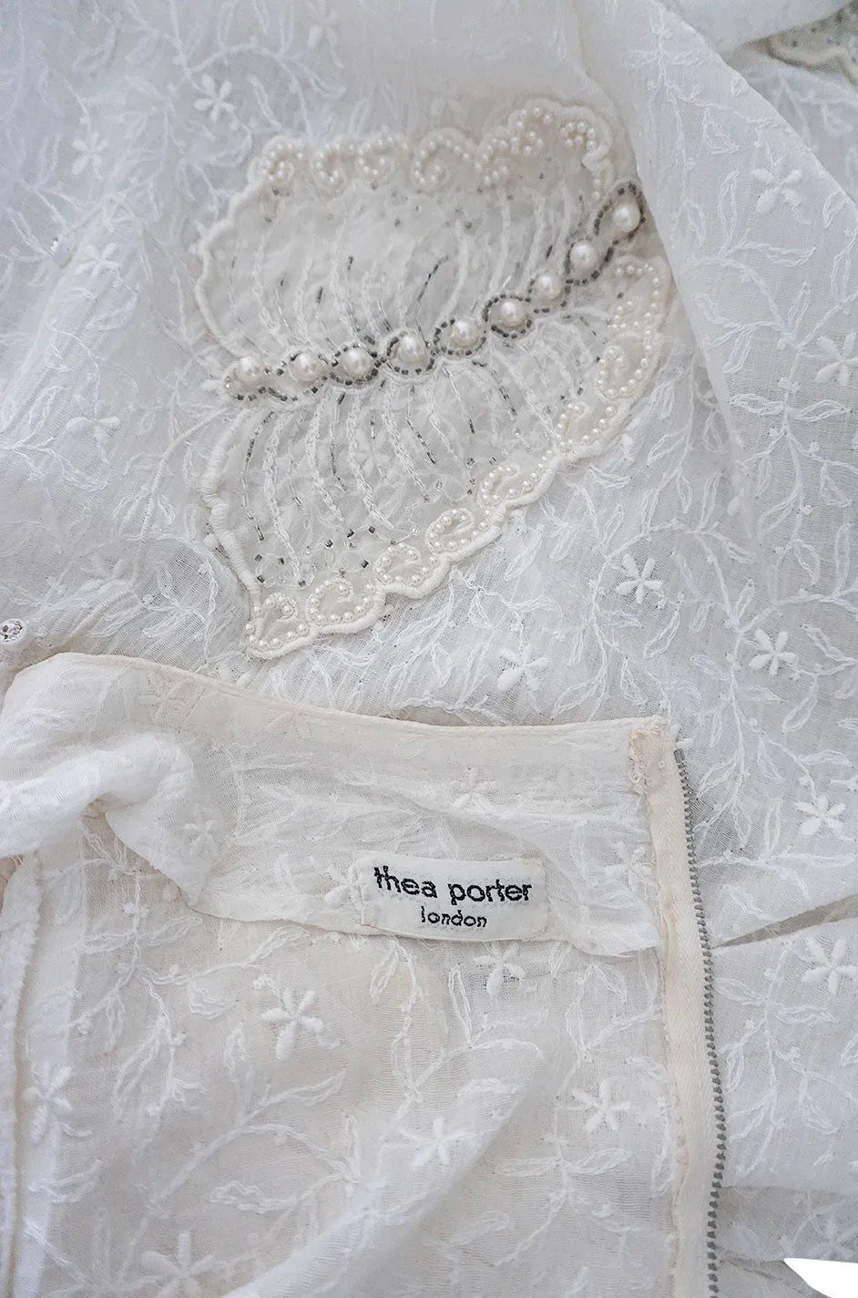 1970s Thea Porter White Embroidered Muslin Butterfly Applique Dress