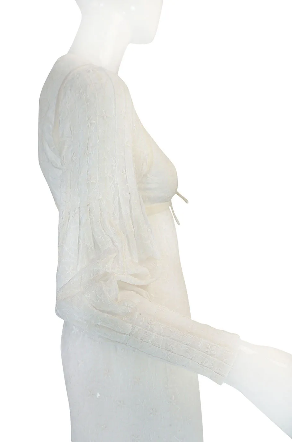 1970s Thea Porter White Embroidered Muslin Butterfly Applique Dress