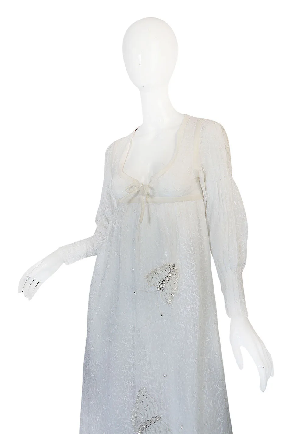 1970s Thea Porter White Embroidered Muslin Butterfly Applique Dress