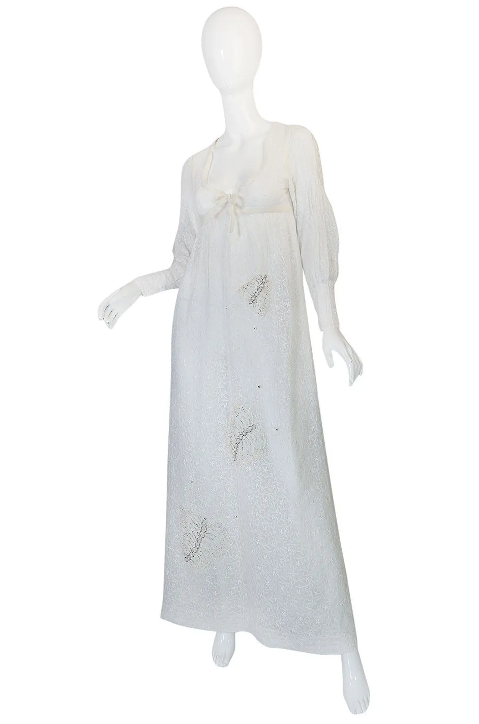 1970s Thea Porter White Embroidered Muslin Butterfly Applique Dress