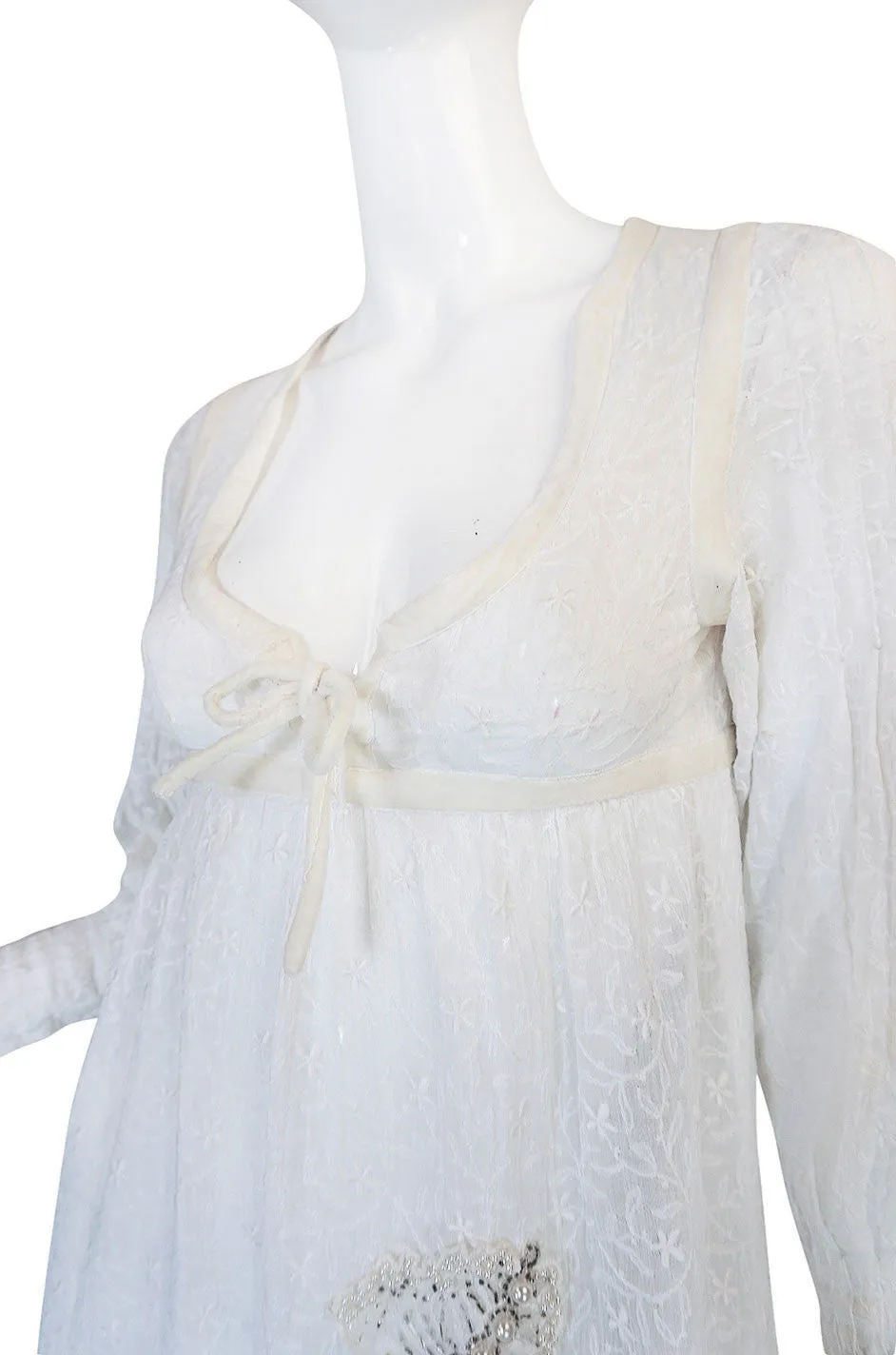 1970s Thea Porter White Embroidered Muslin Butterfly Applique Dress