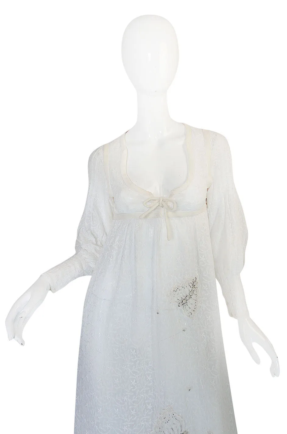 1970s Thea Porter White Embroidered Muslin Butterfly Applique Dress