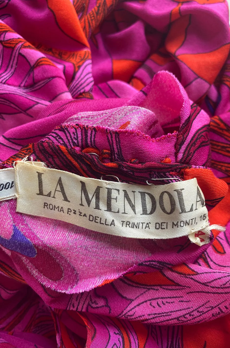1972 La Mendola Silk Jersey Dress w Skirt Chiffon Skirt in the 'Paridiso' Peacock Feather Print