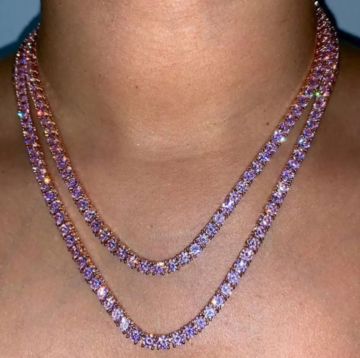 2 piece pink  tennis  choker ,Pink tennis necklace set , iced bling pink tennis necklace, pink necklace ,pink  necklace
