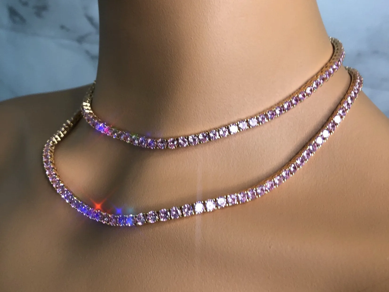 2 piece pink  tennis  choker ,Pink tennis necklace set , iced bling pink tennis necklace, pink necklace ,pink  necklace