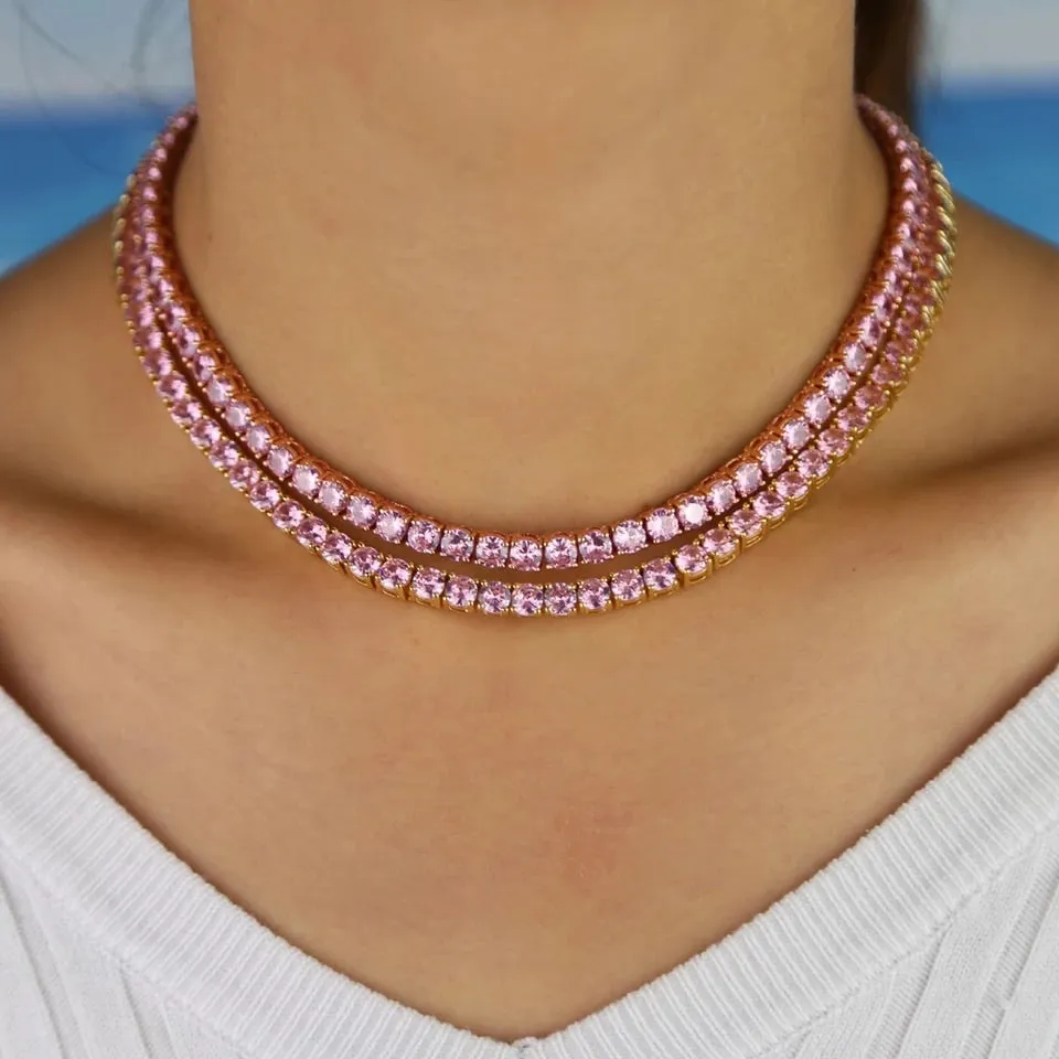 2 piece pink  tennis  choker ,Pink tennis necklace set , iced bling pink tennis necklace, pink necklace ,pink  necklace