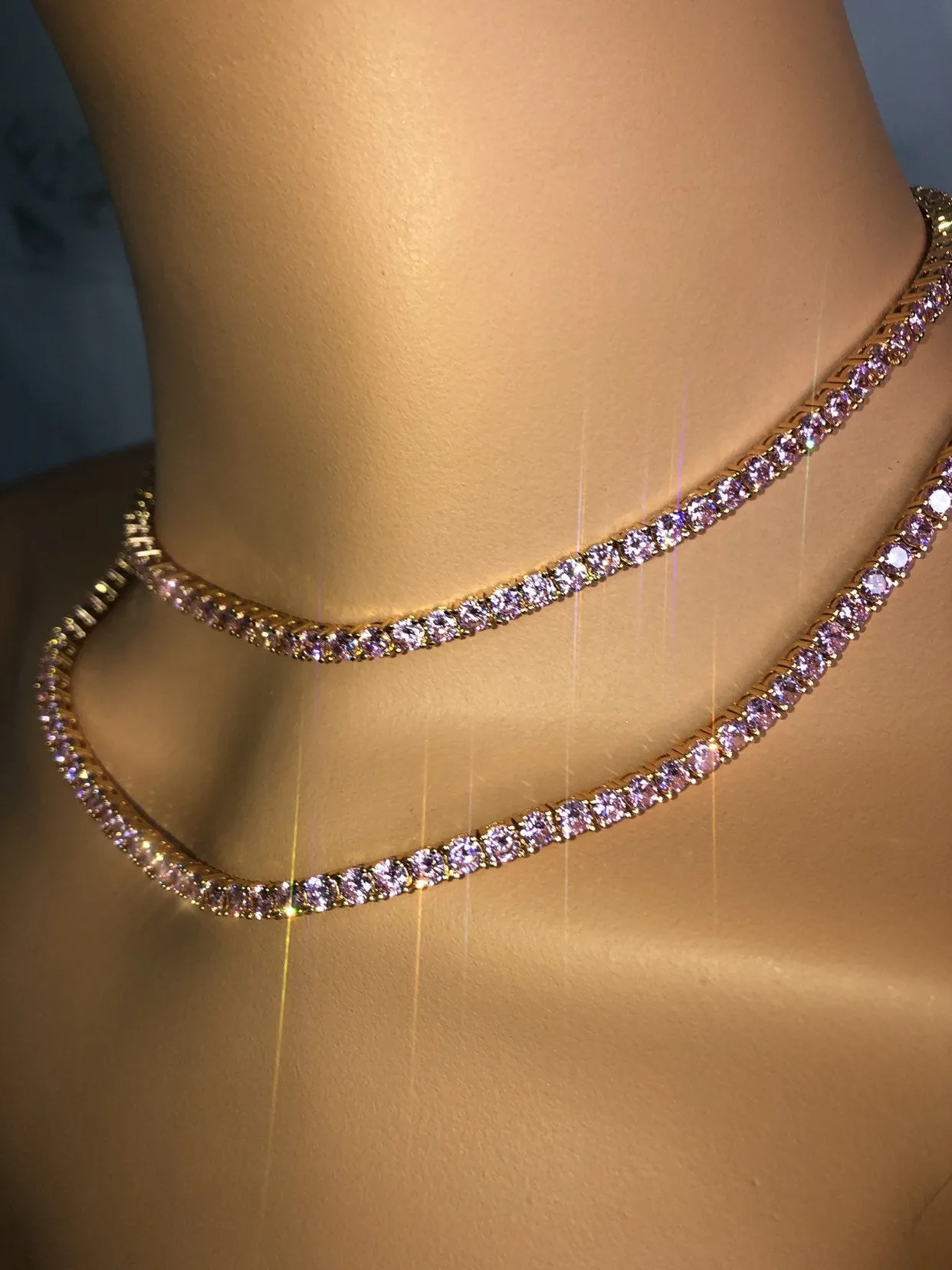 2 piece pink  tennis  choker ,Pink tennis necklace set , iced bling pink tennis necklace, pink necklace ,pink  necklace