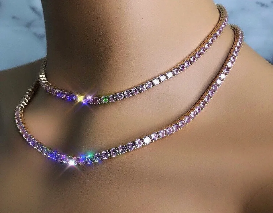 2 piece pink  tennis  choker ,Pink tennis necklace set , iced bling pink tennis necklace, pink necklace ,pink  necklace