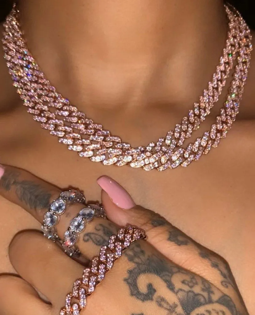 2 piece SET 9MM Mini Pink and rosegold miami cuban link chain , pink barbie  choker , pink choker, Cuban Choker , pink Cuban necklace