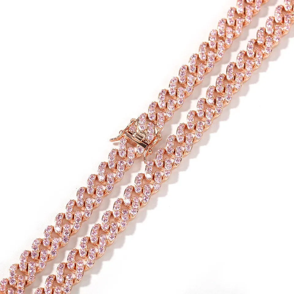 2 piece SET 9MM Mini Pink and rosegold miami cuban link chain , pink barbie  choker , pink choker, Cuban Choker , pink Cuban necklace