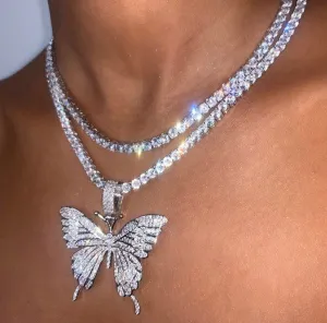 3 piece SET tennis butterfly choker , bling butterfly , butterfly tennis necklace, 4mm tennis necklace and cz butterfly pendant ,