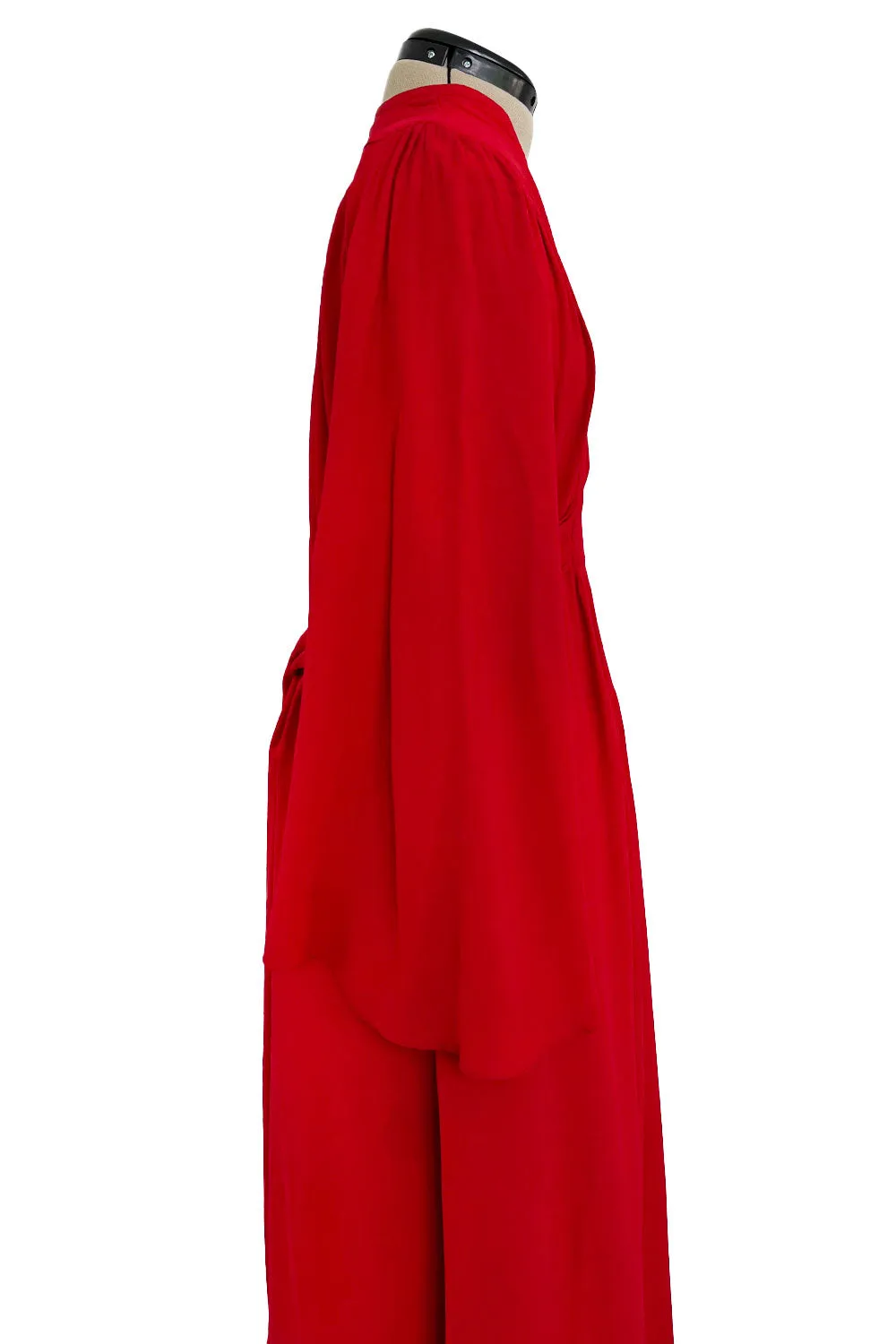 Amazing 1970 Ossie Clark 'Graduation' Deep Front Plunge Maxi Dress in a Red Moss Crepe
