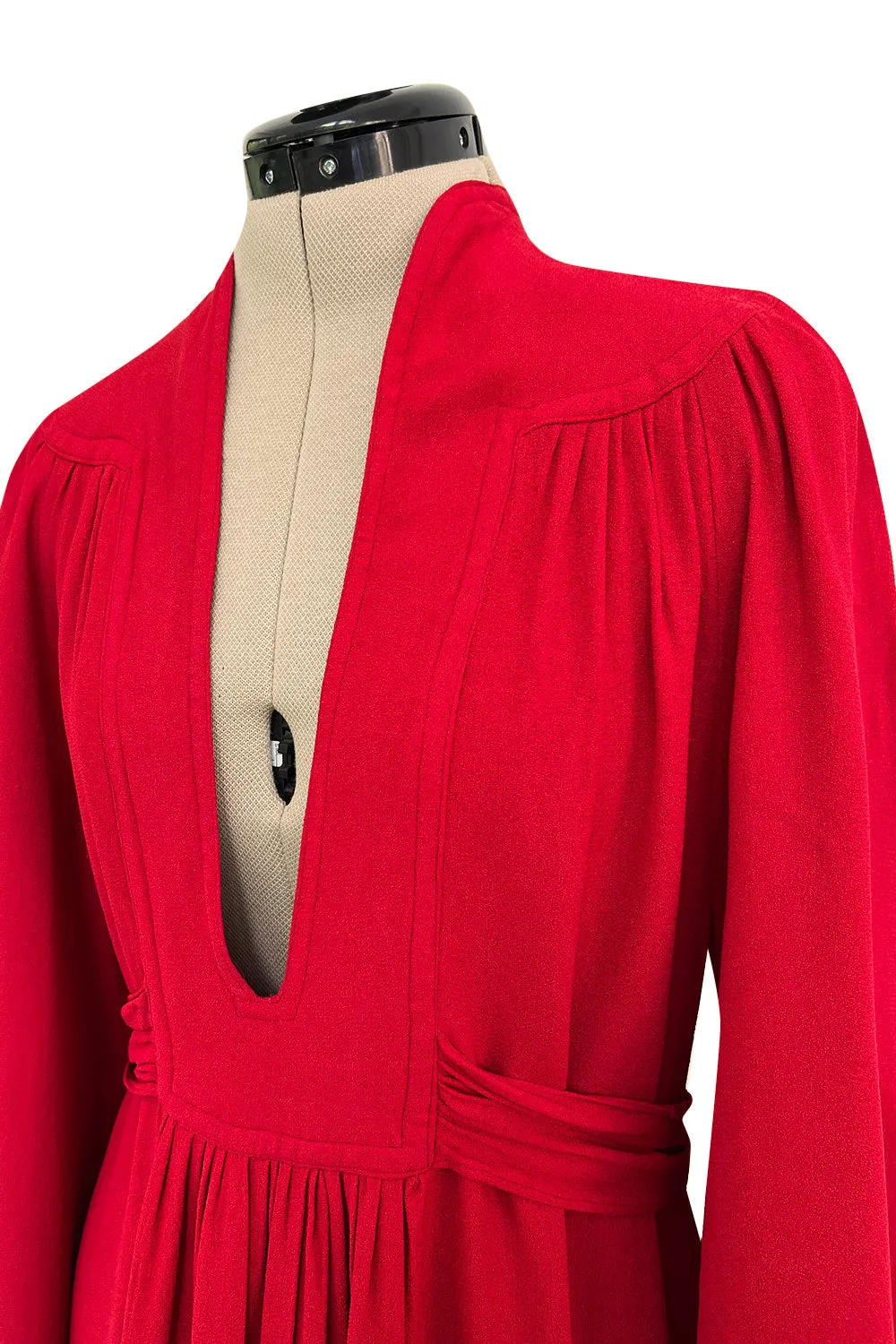 Amazing 1970 Ossie Clark 'Graduation' Deep Front Plunge Maxi Dress in a Red Moss Crepe