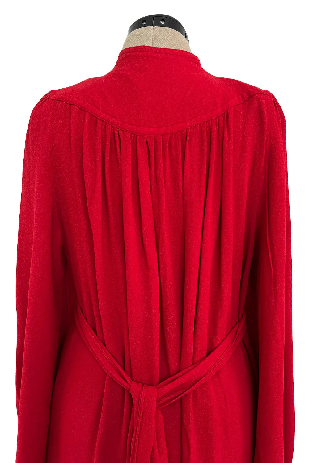 Amazing 1970 Ossie Clark 'Graduation' Deep Front Plunge Maxi Dress in a Red Moss Crepe