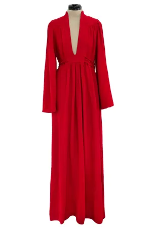 Amazing 1970 Ossie Clark 'Graduation' Deep Front Plunge Maxi Dress in a Red Moss Crepe