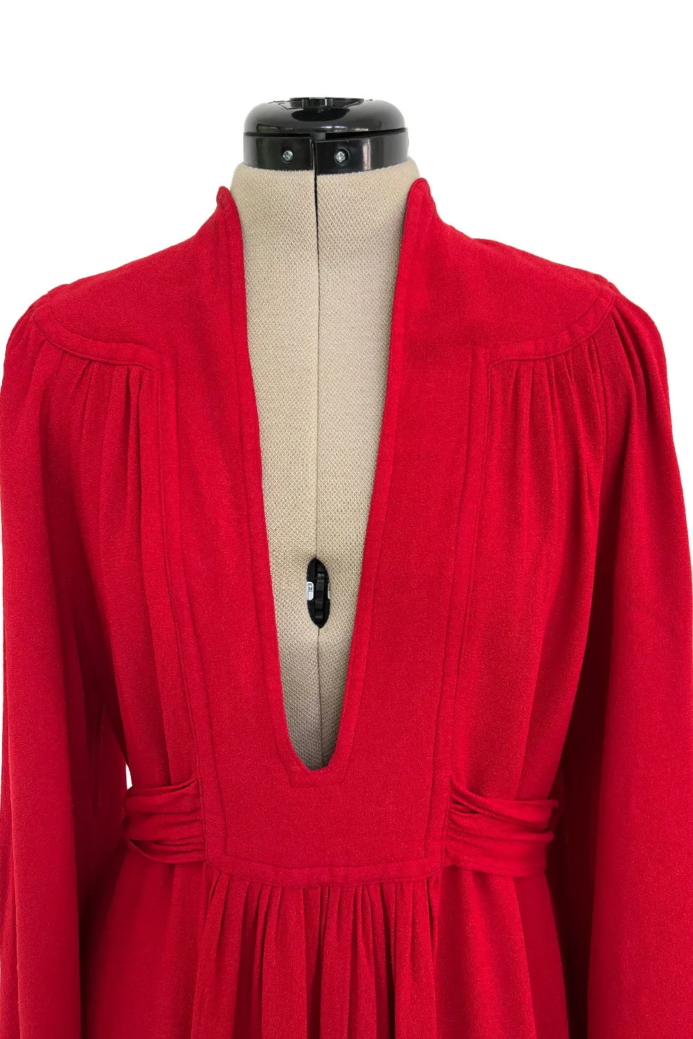 Amazing 1970 Ossie Clark 'Graduation' Deep Front Plunge Maxi Dress in a Red Moss Crepe