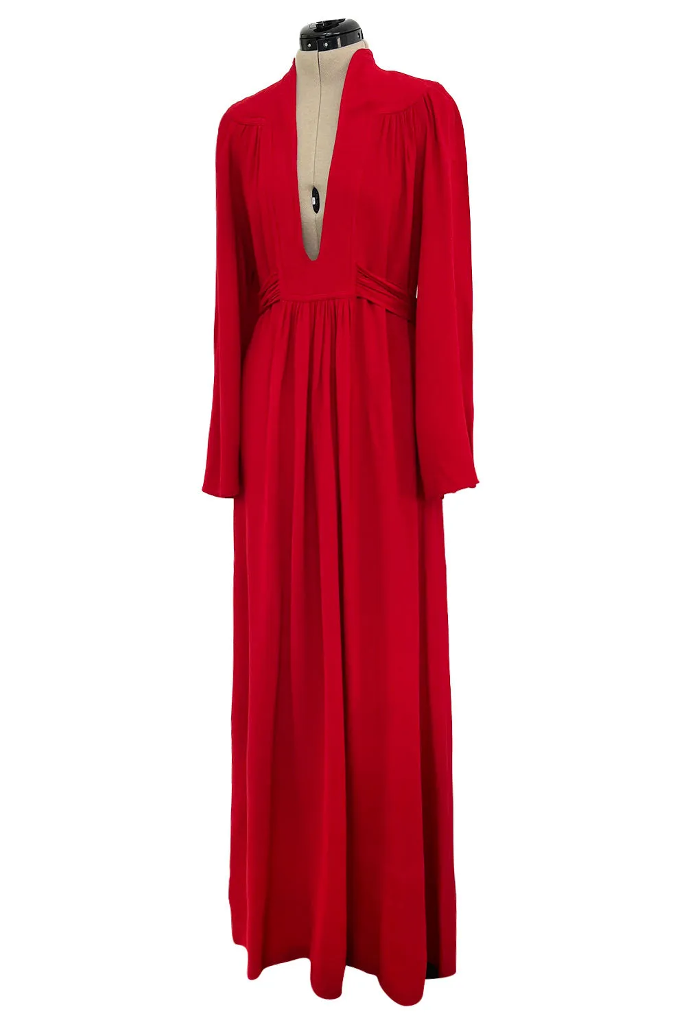 Amazing 1970 Ossie Clark 'Graduation' Deep Front Plunge Maxi Dress in a Red Moss Crepe
