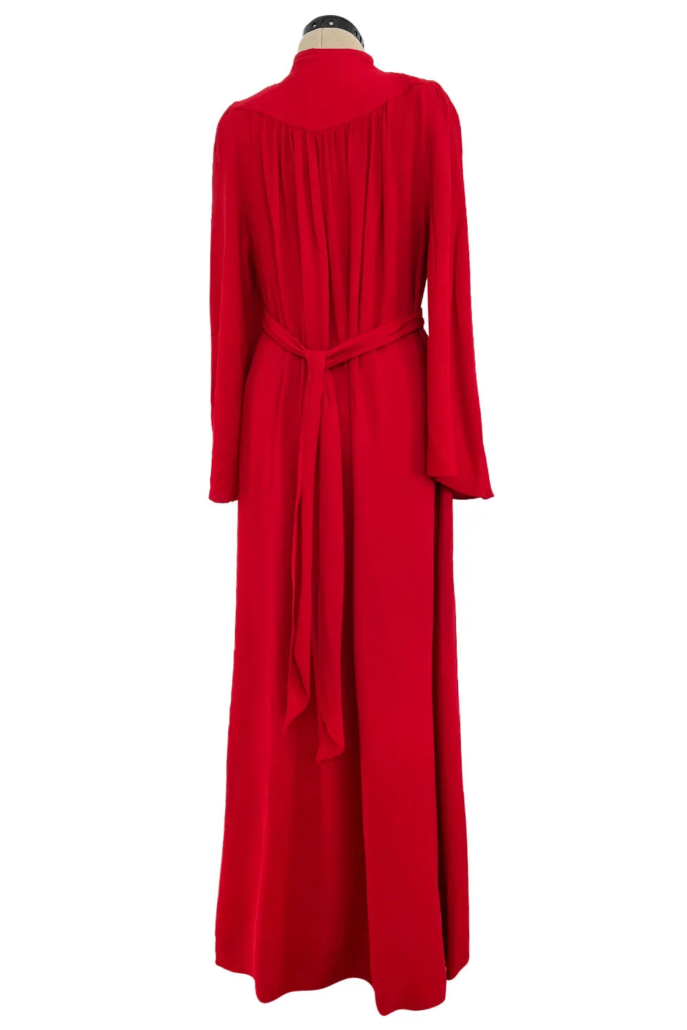 Amazing 1970 Ossie Clark 'Graduation' Deep Front Plunge Maxi Dress in a Red Moss Crepe