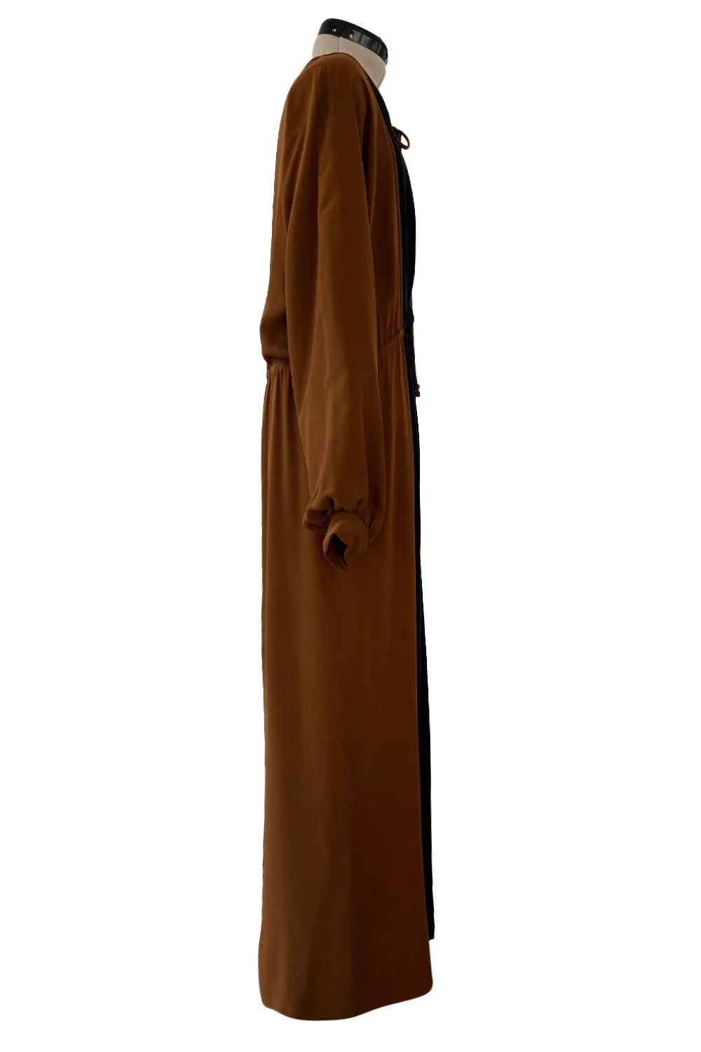 Amazing 1970s James Galanos Couture Brown & Black Navy Silk Crepe Front Slit Dress