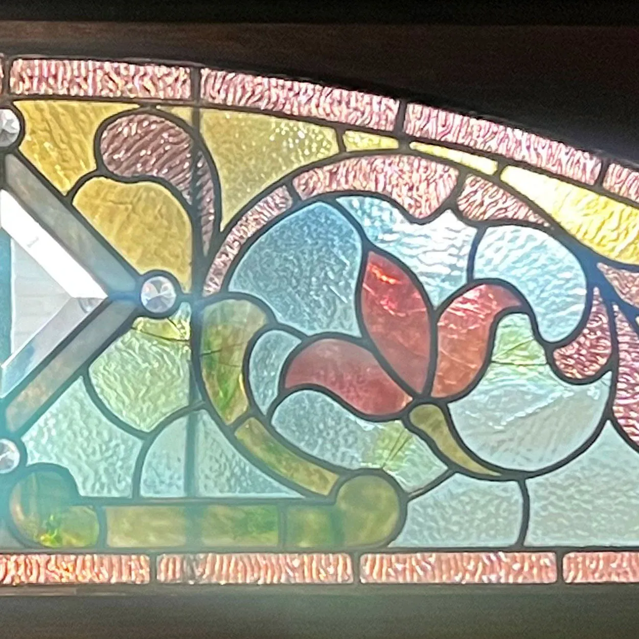 American Denver Stained, Leaded, Beveled, Jewelled Glass Arched Transom Window