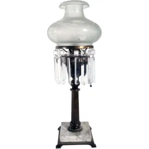 American Marble, Bronze, Glass and Crystal Oil Lamp as a One-Light Table Lamp