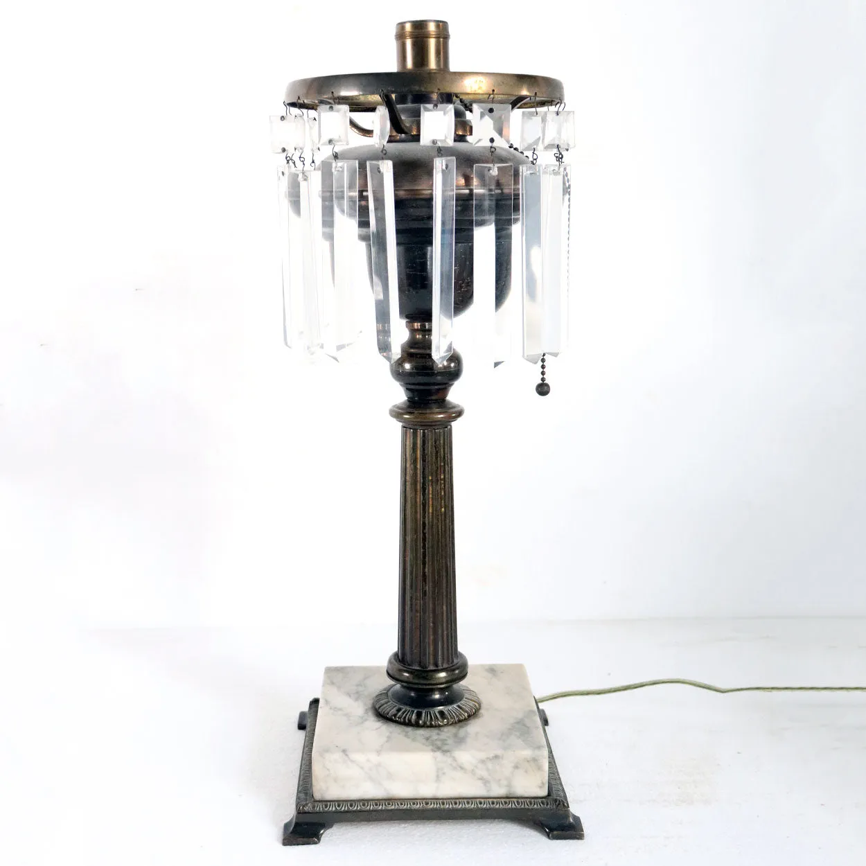 American Marble, Bronze, Glass and Crystal Oil Lamp as a One-Light Table Lamp