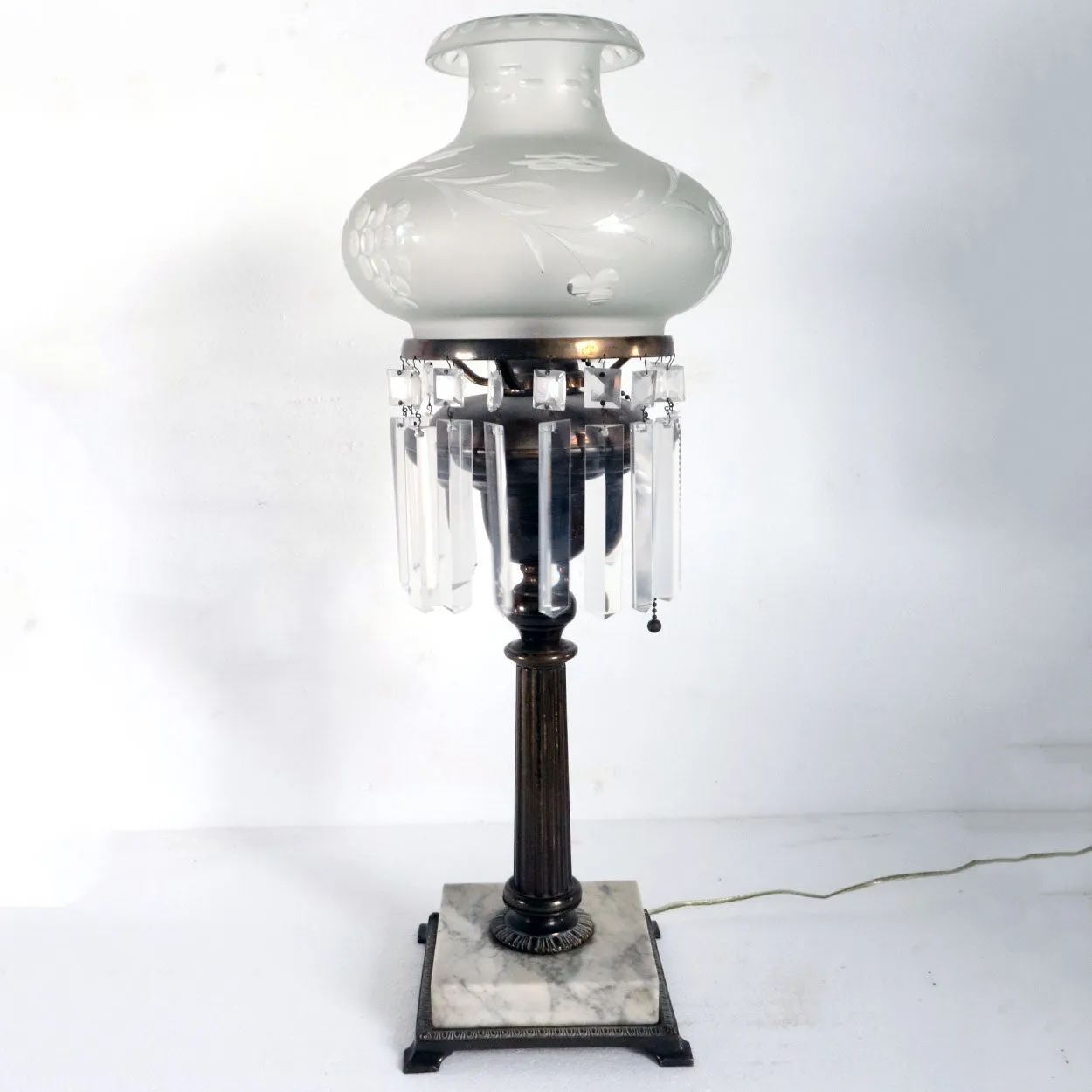 American Marble, Bronze, Glass and Crystal Oil Lamp as a One-Light Table Lamp