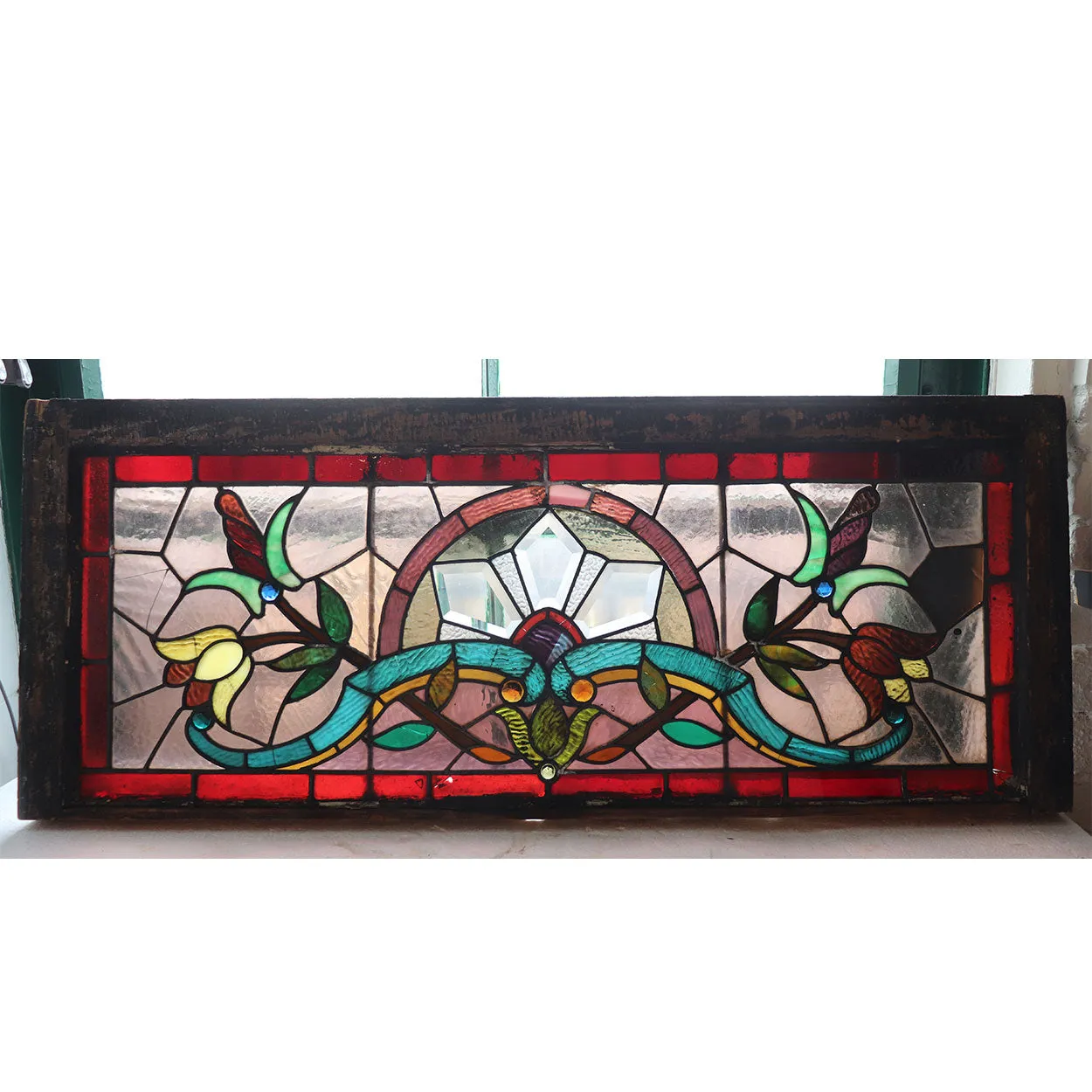 American Stained, Jeweled, Leaded and Beveled Glass Transom Window