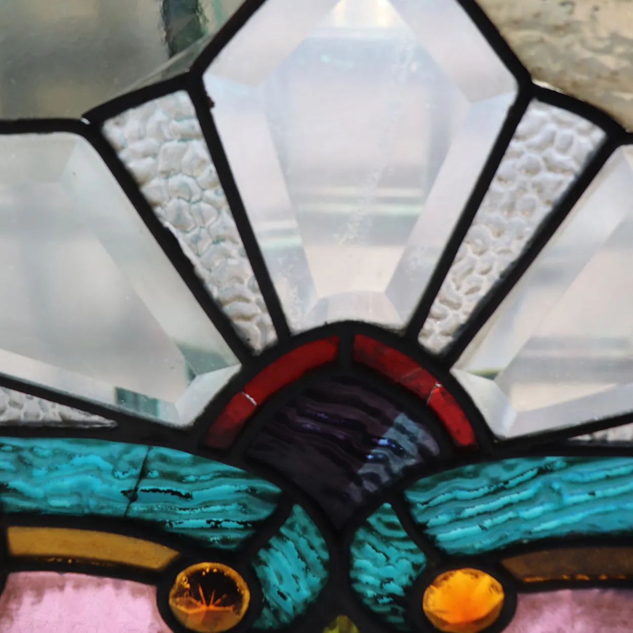 American Stained, Jeweled, Leaded and Beveled Glass Transom Window