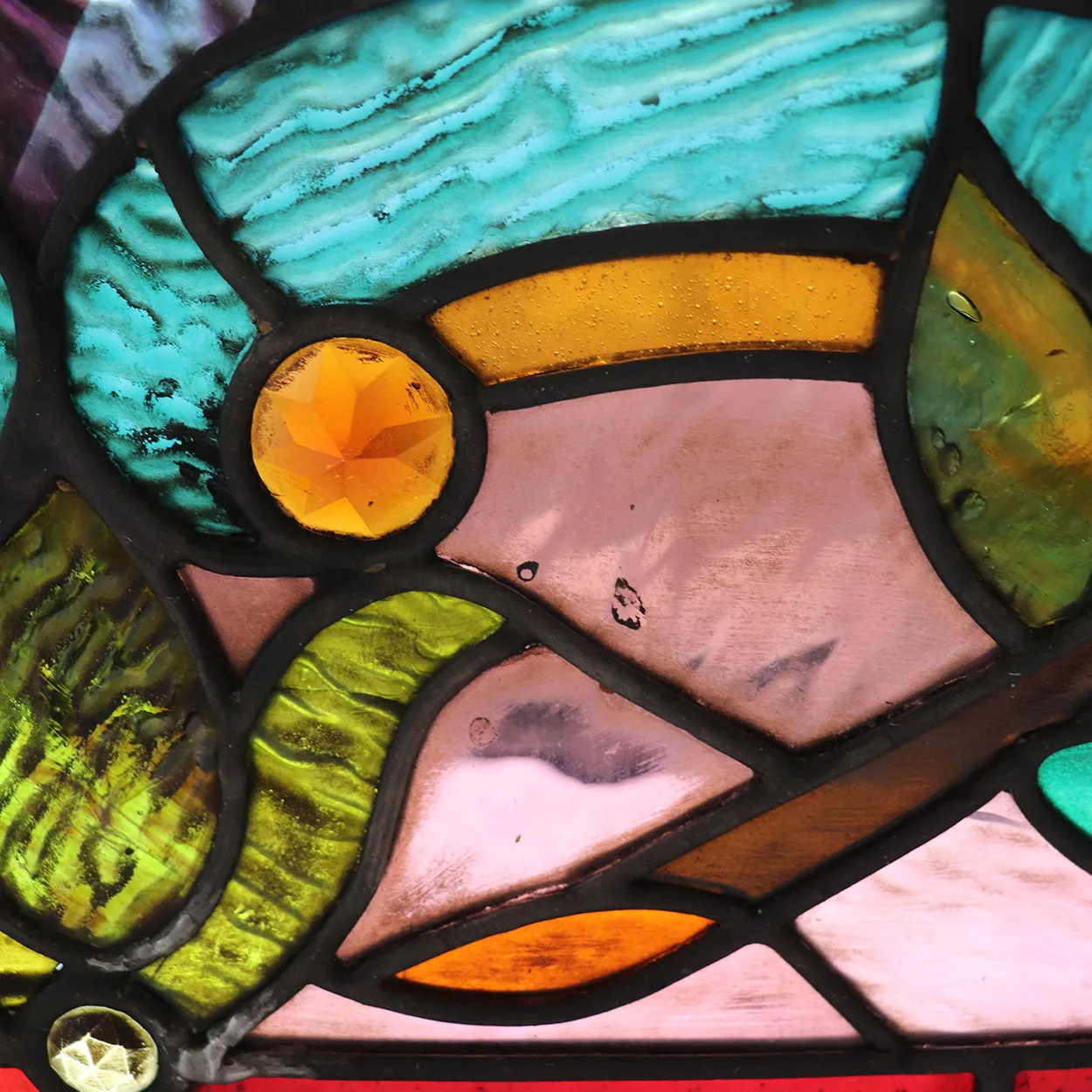 American Stained, Jeweled, Leaded and Beveled Glass Transom Window