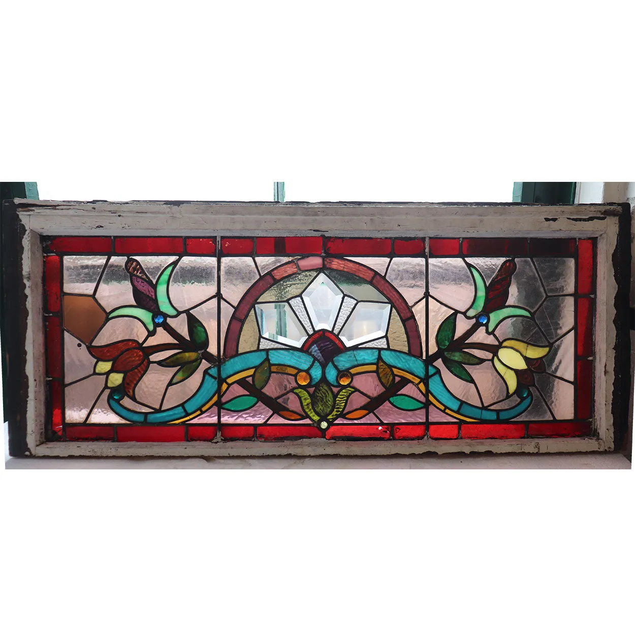 American Stained, Jeweled, Leaded and Beveled Glass Transom Window