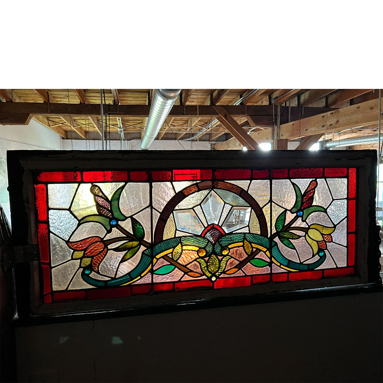 American Stained, Jeweled, Leaded and Beveled Glass Transom Window