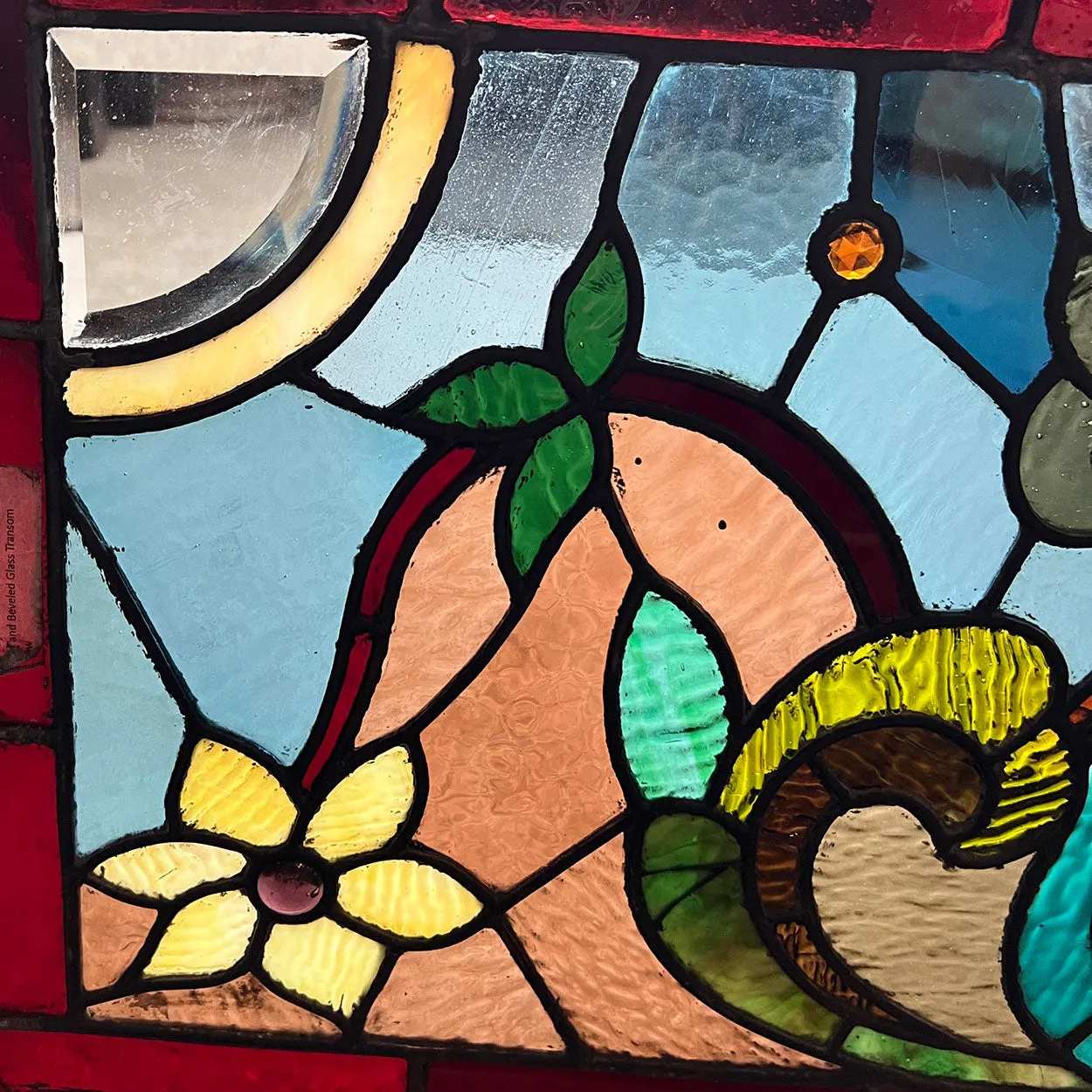 American Wells Art Glass Co. Stained, Jeweled, Leaded, Beveled Glass Transom Window