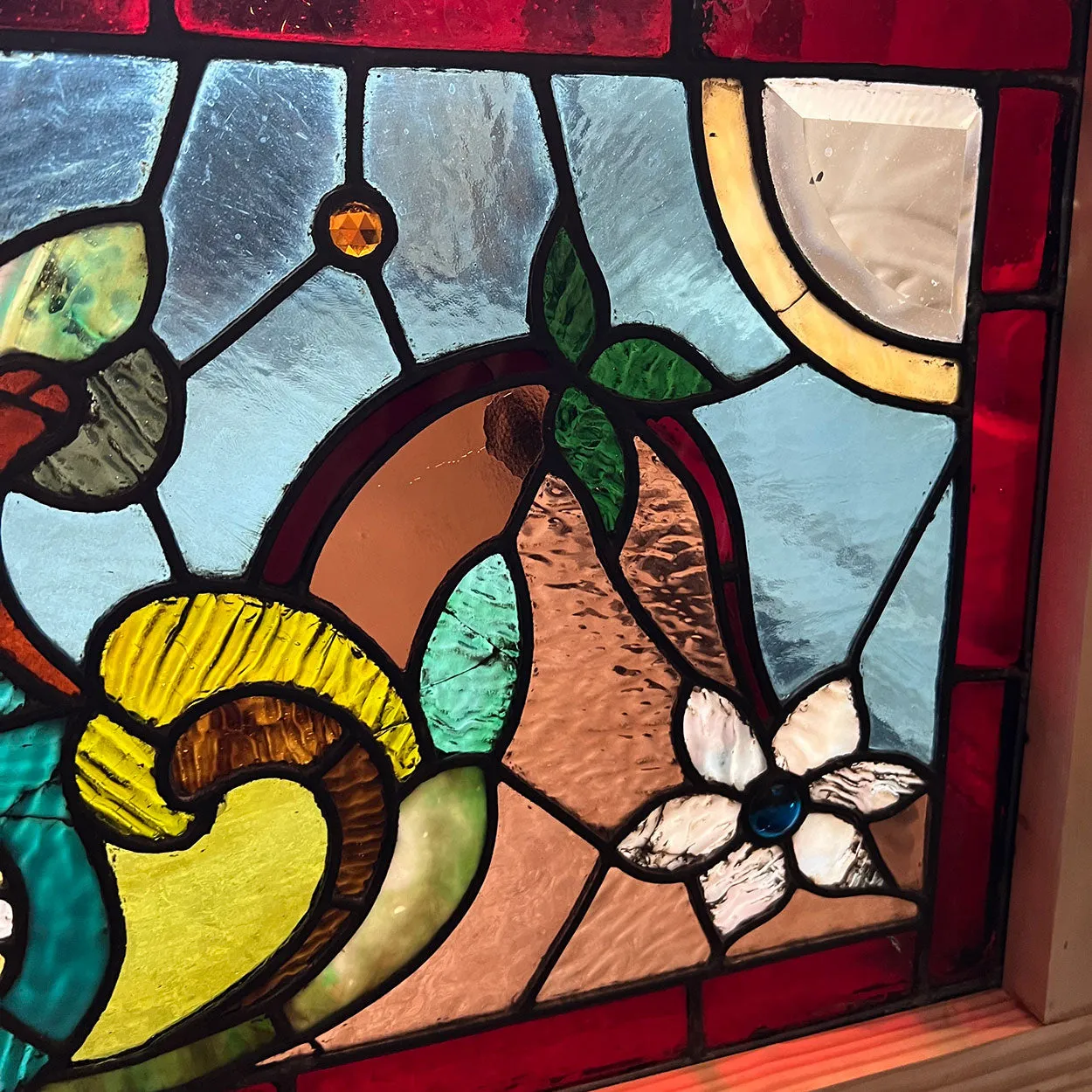 American Wells Art Glass Co. Stained, Jeweled, Leaded, Beveled Glass Transom Window